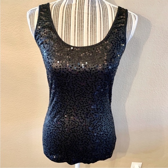 Express Top Small Sequined Tank Black Silver Flecked Sequin Cotton Comfy Bling - Picture 1 of 12